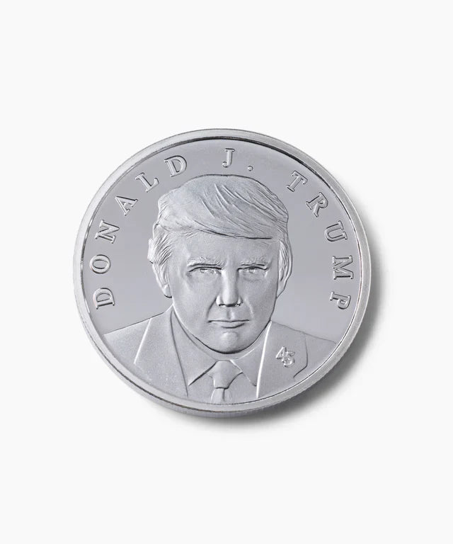 Donald J. Trump 45 silver medallion portrait, angled view