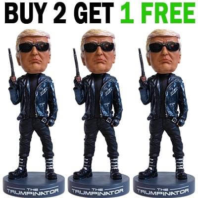 Three Trumpinator bobbleheads, Buy 2 Get 1 Free promo graphic