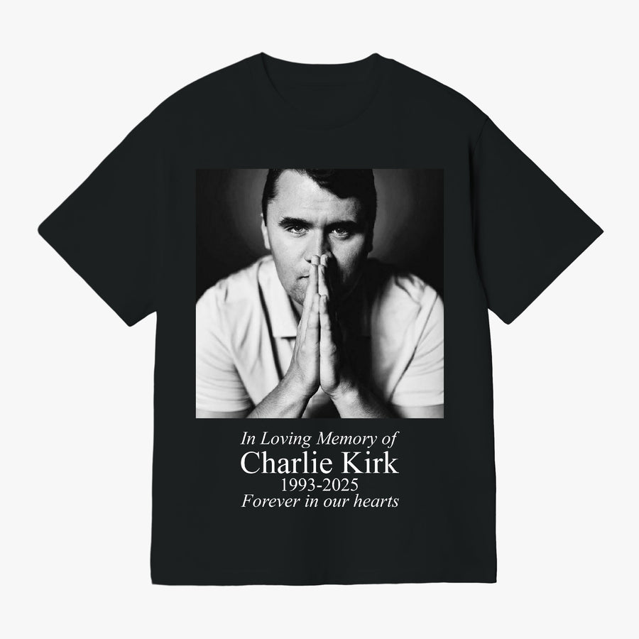 In Loving Memory Charlie Kirk black t-shirt, front print with photo and 1993-2025