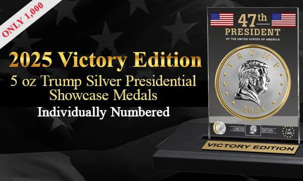 Infographic for 2025 Victory Edition 5 oz Trump silver presidential showcase medal