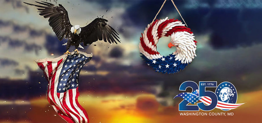 MAGA Brave Wings patriotic eagle wreath beside a bald eagle and American flag at sunset