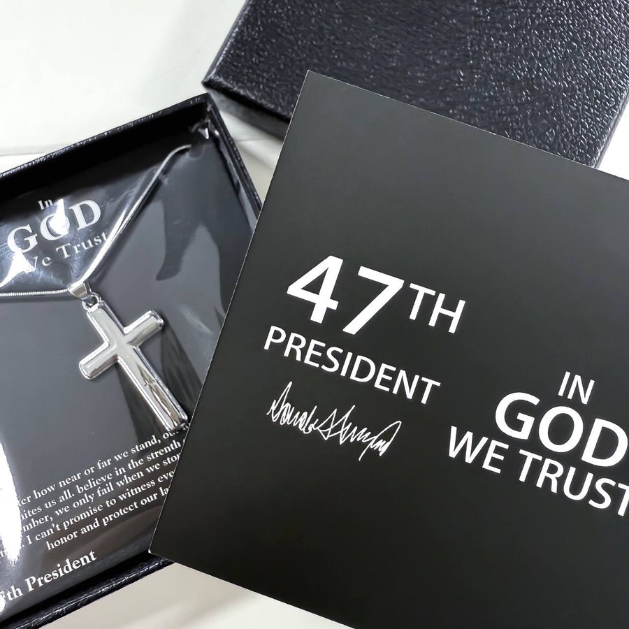 47th President In God We Trust silver cross necklace in open gift box with signature card