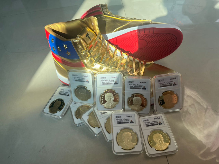 Gold Trump high top sneakers with ten encased 2025 gold Trump medallion coins