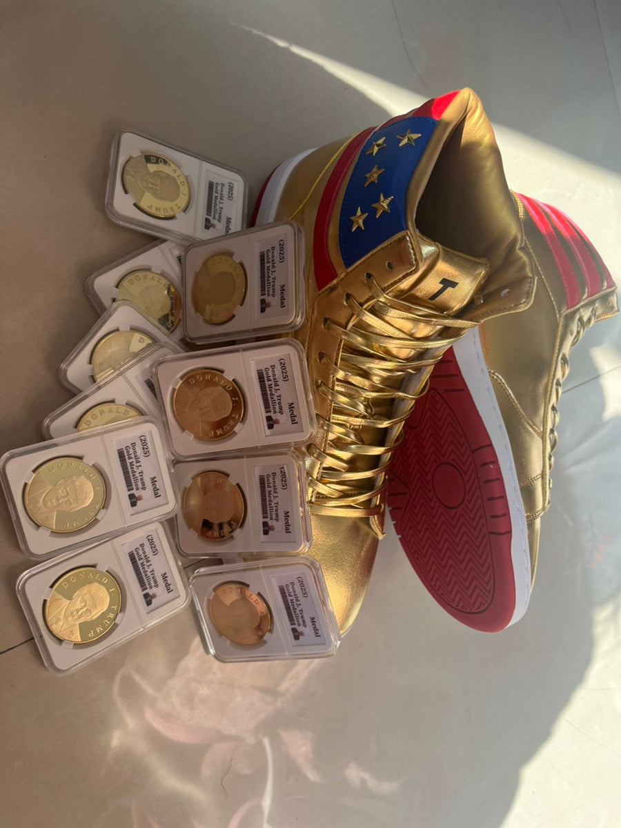 Gold Trump high top sneaker with encased and loose gold Trump coins