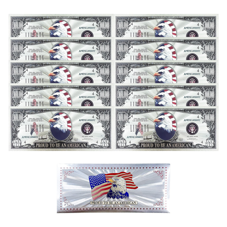 Ten Liberty Silver Eagle collectible bills with eagle and flag design and protective sleeve