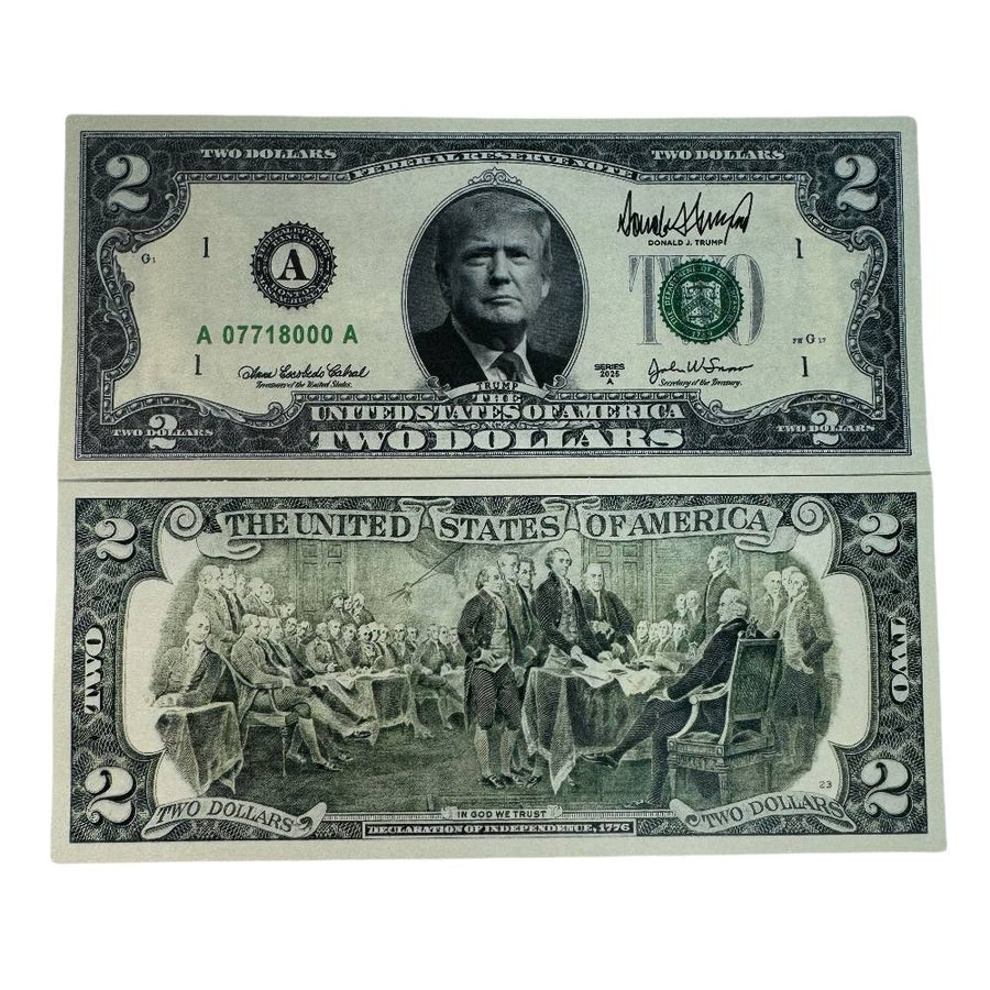 Trump two dollar bill front with Trump portrait and back with Declaration of Independence scene