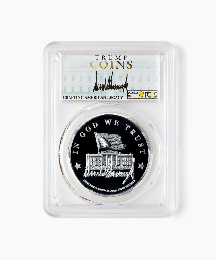 Trump Coins silver medallion reverse, White House and flag, In God We Trust
