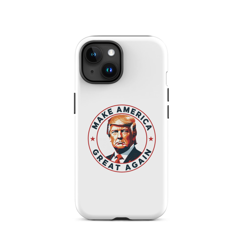 White America Tough iPhone case, Make America Great Again Trump emblem, dual-camera iPhone