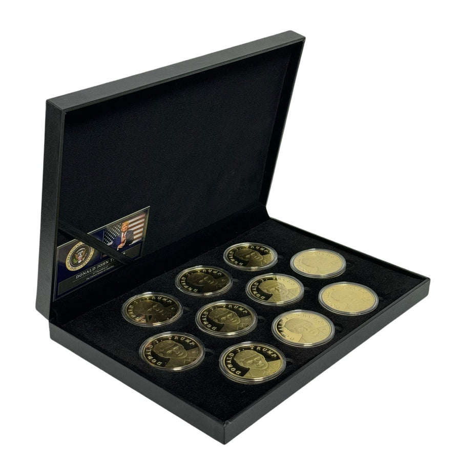 Open Trump Treasure Box with ten gold Trump coins and certificate card, side angle