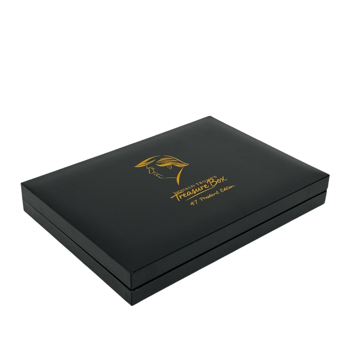 Closed black Donald Trump Treasure Box 47 President Edition with gold logo, angled view