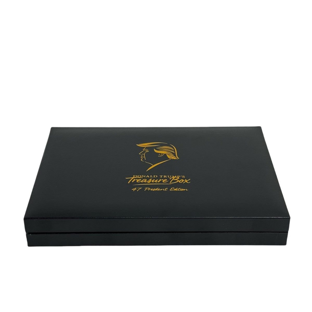 Closed black Trump Treasure Box 47 President Edition showing gold Trump profile lid design