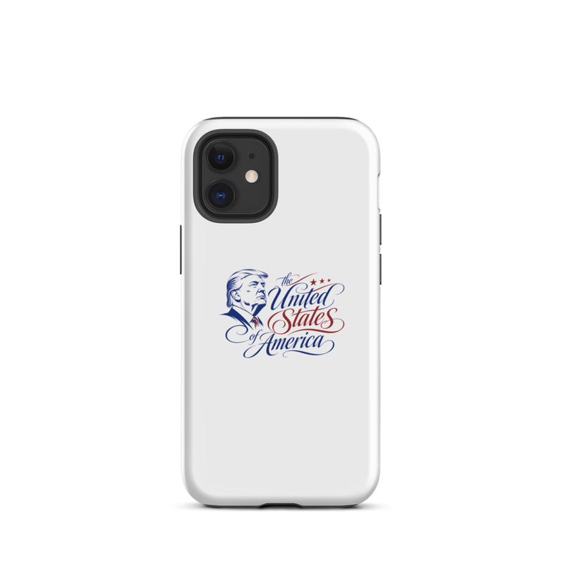 White tough iPhone case with Trump 'The United States of America' design, dual-camera cutout