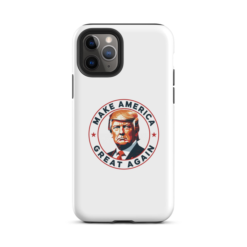 White America Tough iPhone case with Make America Great Again Trump circle emblem, triple-camera iPhone