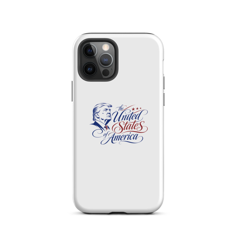 White tough iPhone case with Trump 'The United States of America' design, triple-camera cutout