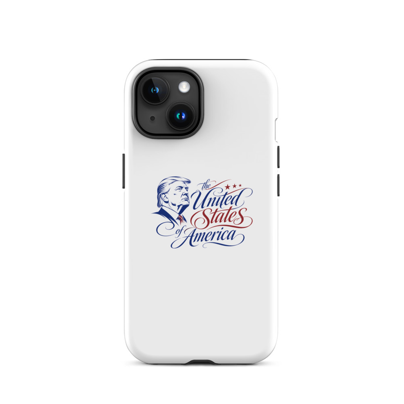 White tough iPhone case with Trump 'The United States of America' design, diagonal dual-camera cutout