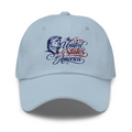 Light blue Trump USA dad hat, embroidered The United States of America script and Trump