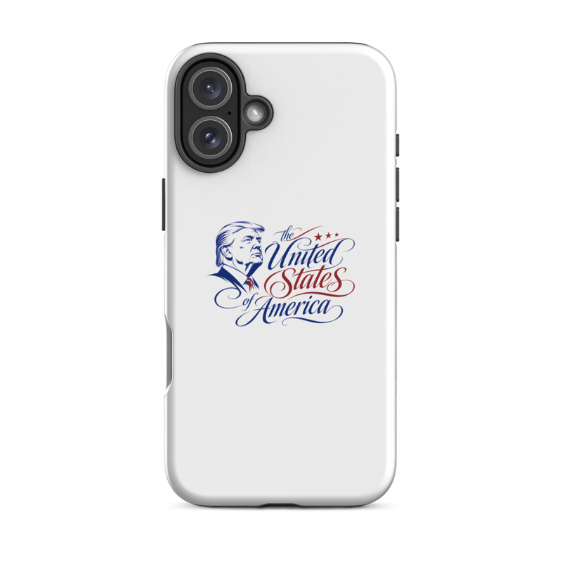 White tough iPhone case with Trump 'The United States of America' design, vertical dual-camera cutout
