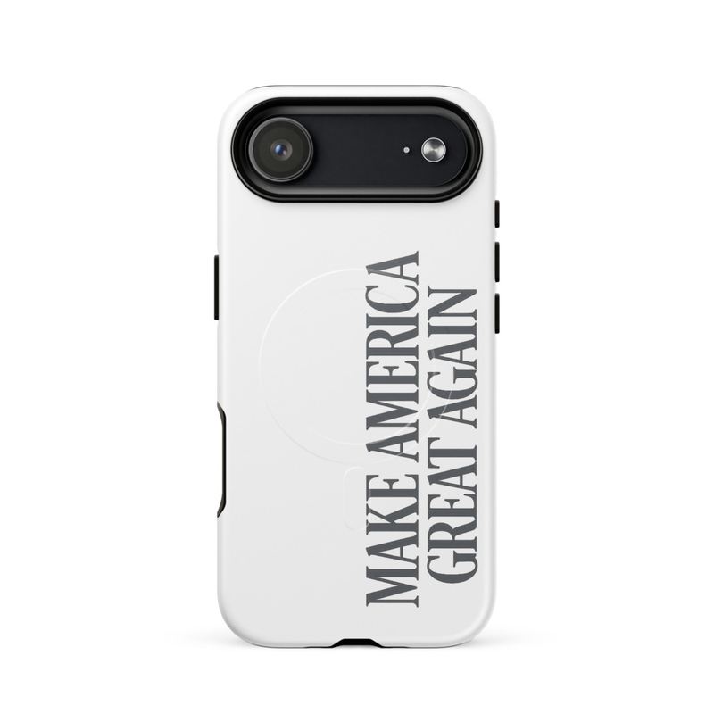 White MAGA MagSafe tough iPhone case with gray Make America Great Again text, wide single-camera cutout