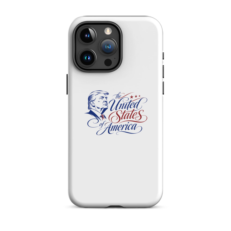 White tough iPhone case with Trump 'The United States of America' design, large triple-camera cutout