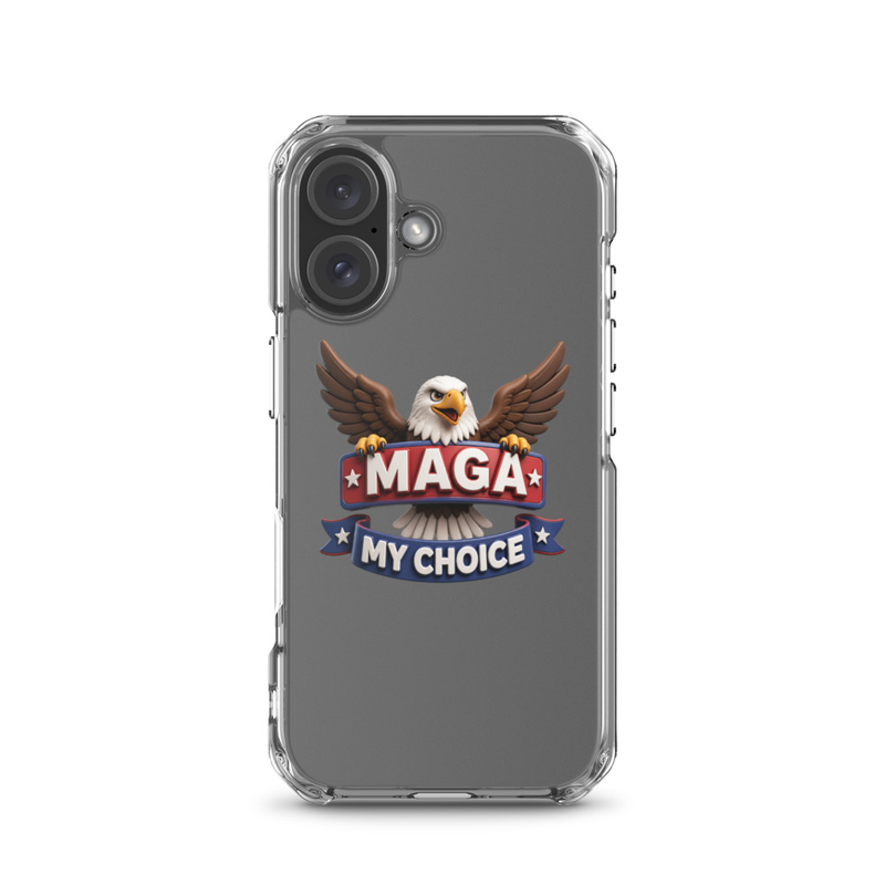 MAGA My Choice clear iPhone case with bald eagle design on a gray iPhone