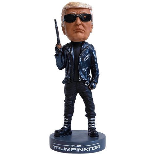 The Trumpinator bobblehead, Trump in black leather jacket and sunglasses on base