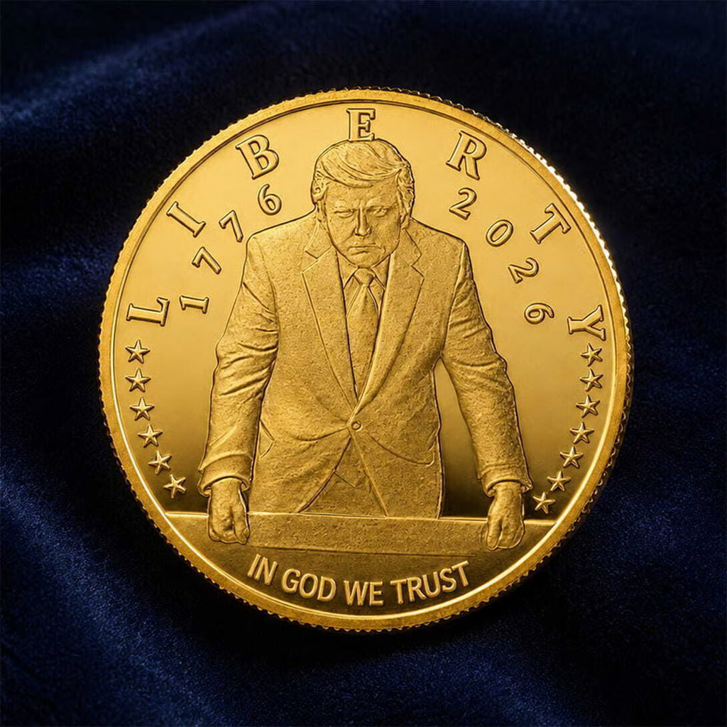 Gold Trump 2026 coin front with standing Trump, Liberty and In God We Trust on blue velvet