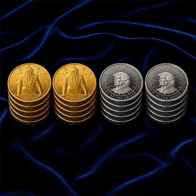 Two stacks of Trump 2026 gold coins and two stacks of silver coins on blue velvet