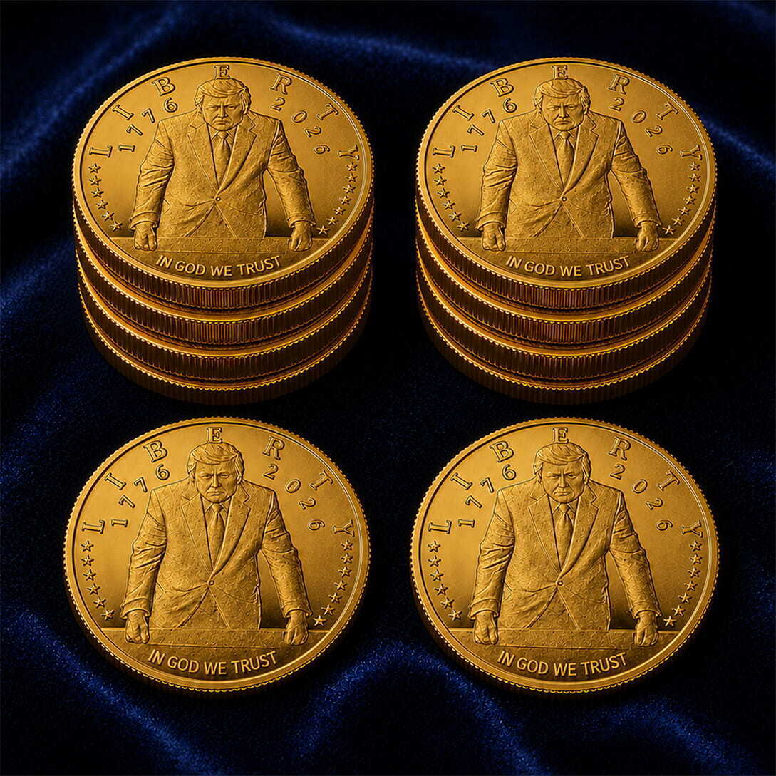 Four gold Trump 2026 coins in two stacks on blue velvet, Liberty In God We Trust design
