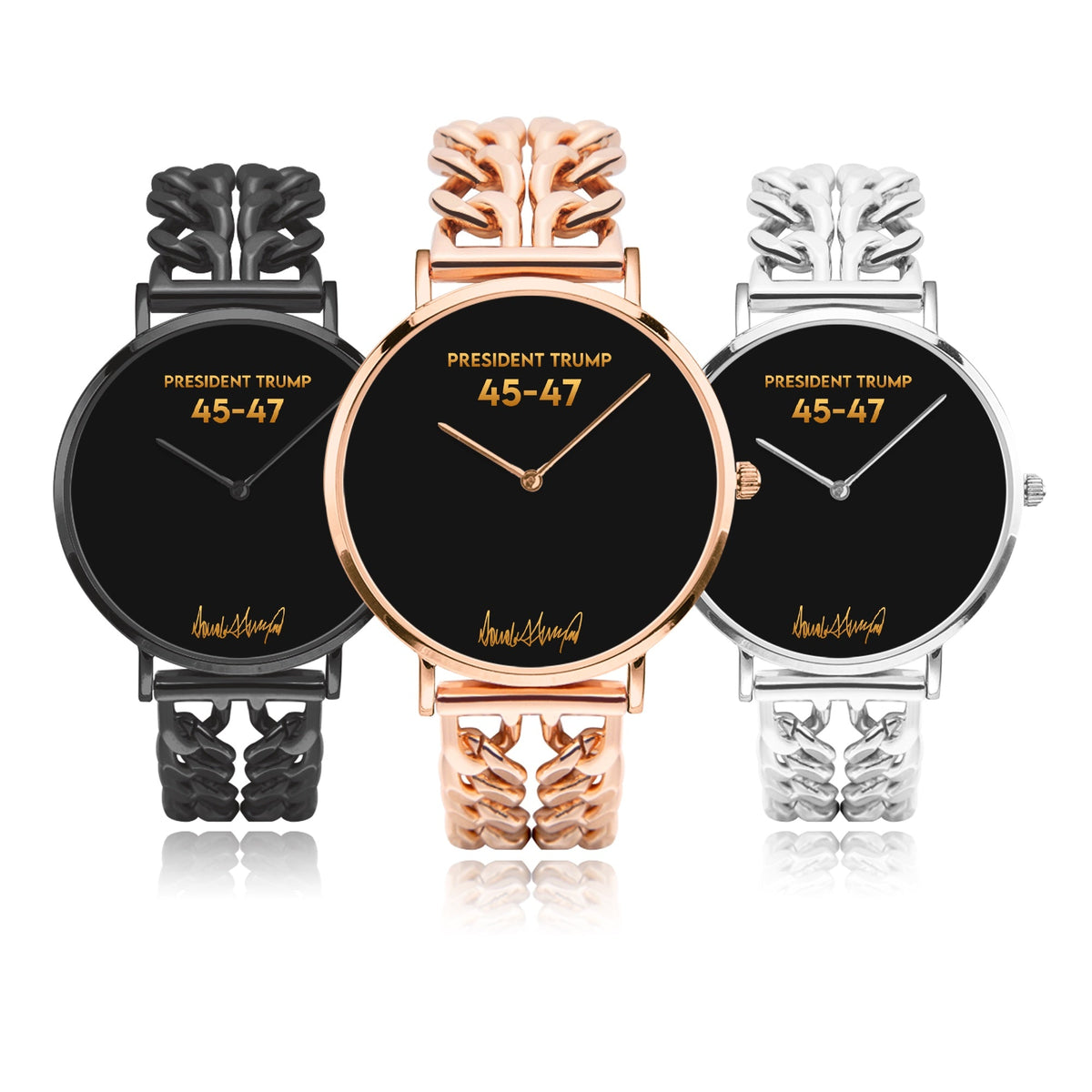 President Trump 45-47 watch in black, rose gold, and silver chain-link strap options