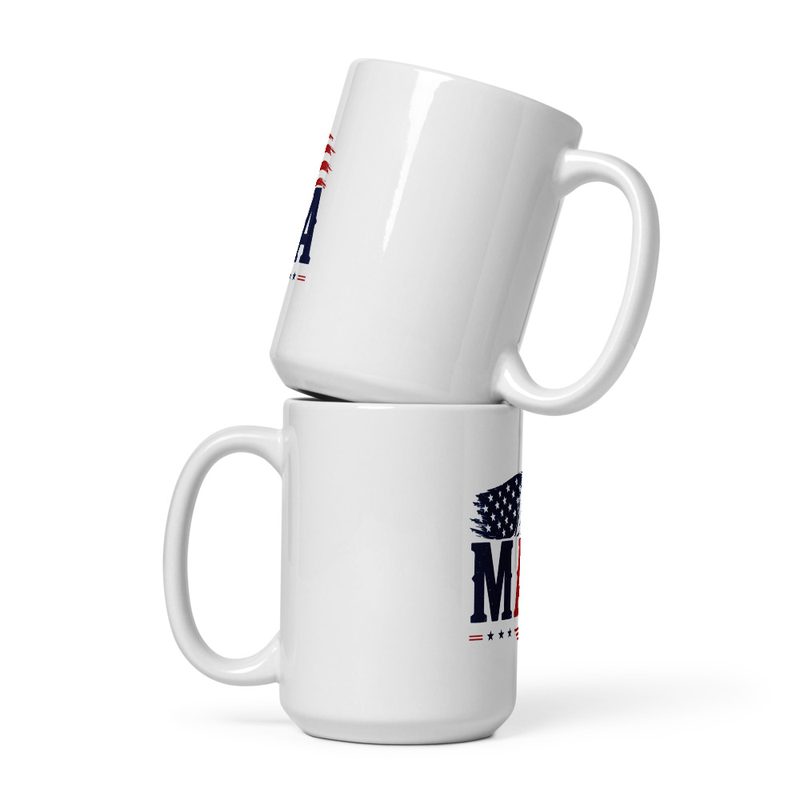 Two stacked white Eagle MAGA glossy mugs with MAGA lettering visible