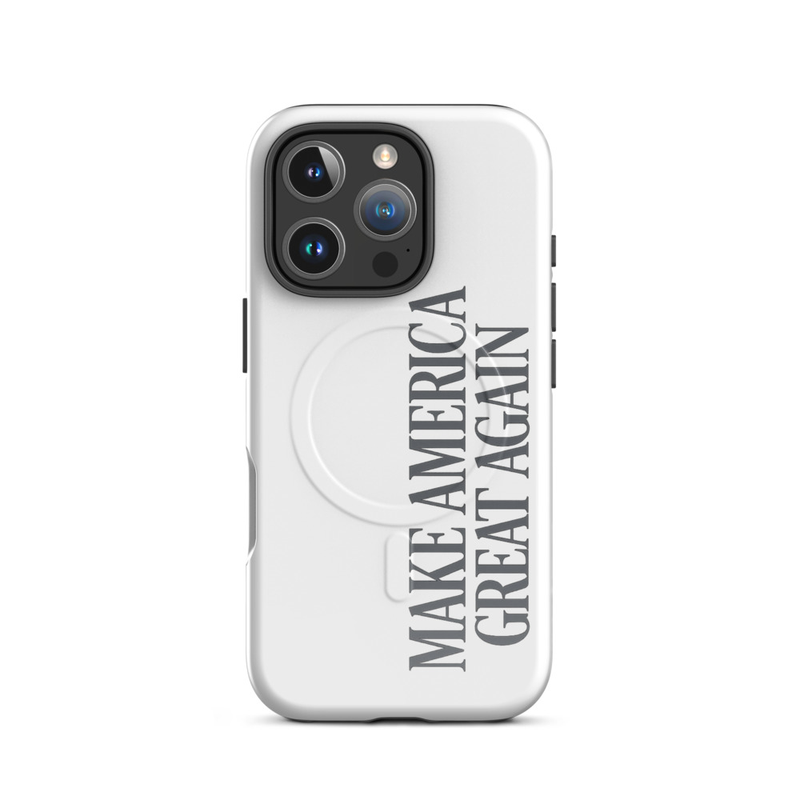 Make America Great Again white MagSafe tough iPhone Pro case, gray text, triple-camera cutout