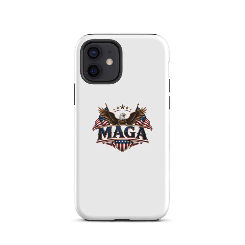 White MAGA eagle tough case for iPhone, side dual camera cutout