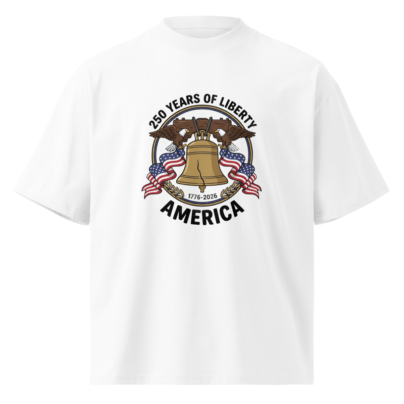 White oversized high neck t-shirt, 250 Years of Liberty America 1776-2026 Liberty Bell print