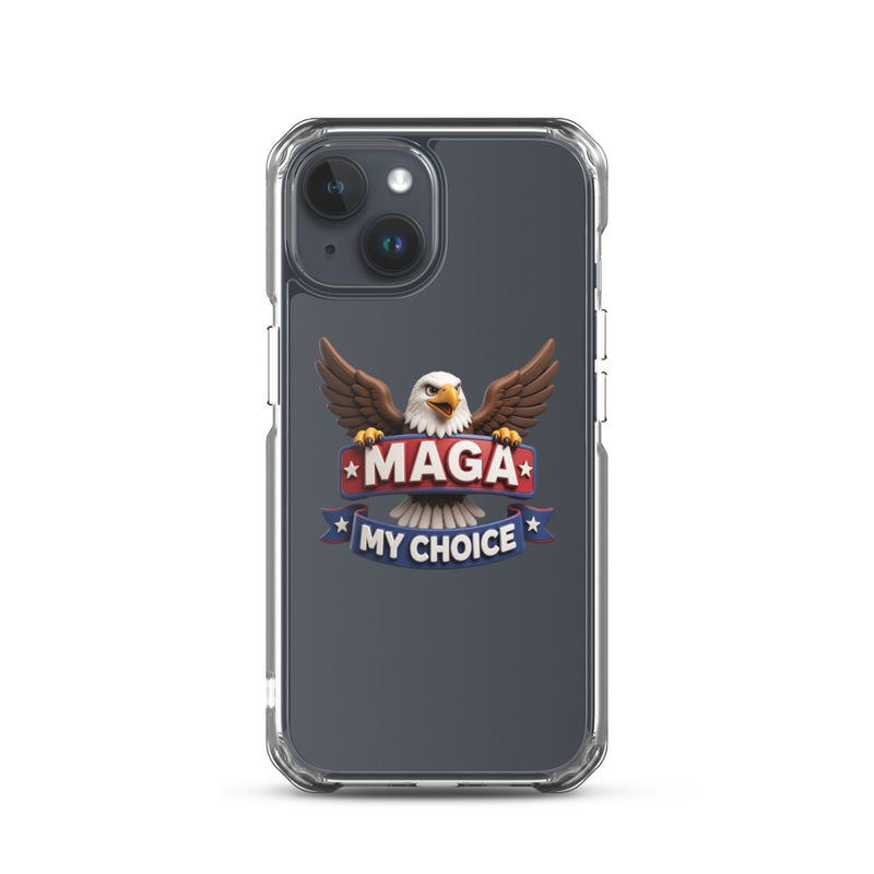 MAGA My Choice clear iPhone case with bald eagle design on a navy blue iPhone