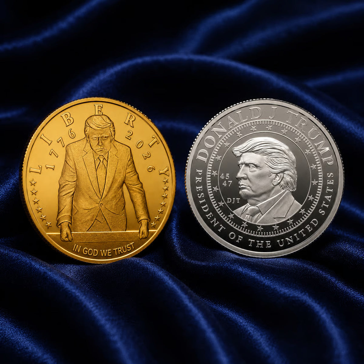 Trump 2026 Liberty gold coin and Donald J Trump silver coin on blue velvet, front views