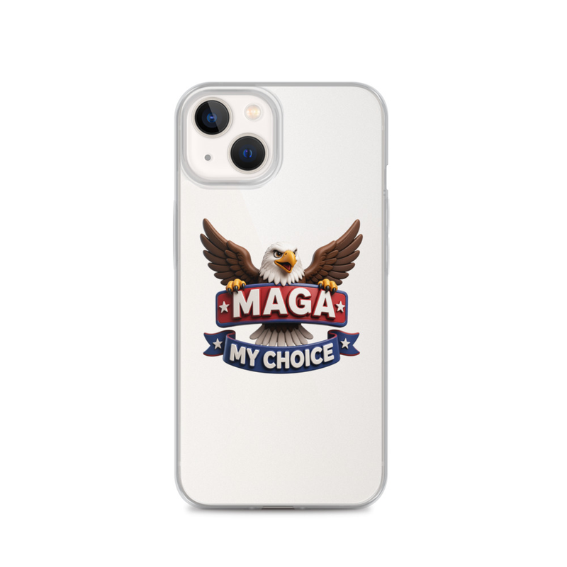 MAGA My Choice clear iPhone case with bald eagle design on a cream iPhone