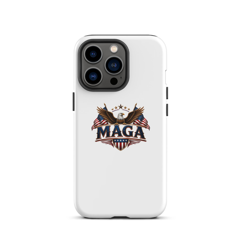 White MAGA eagle tough case for iPhone Pro, triple camera cutout