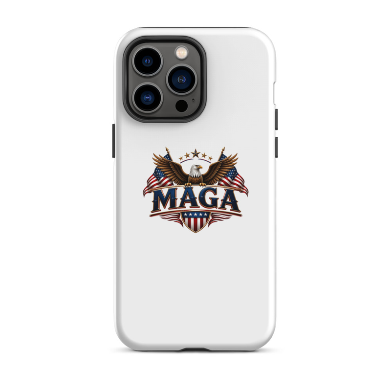White MAGA eagle tough case for iPhone Pro Max, triple camera cutout
