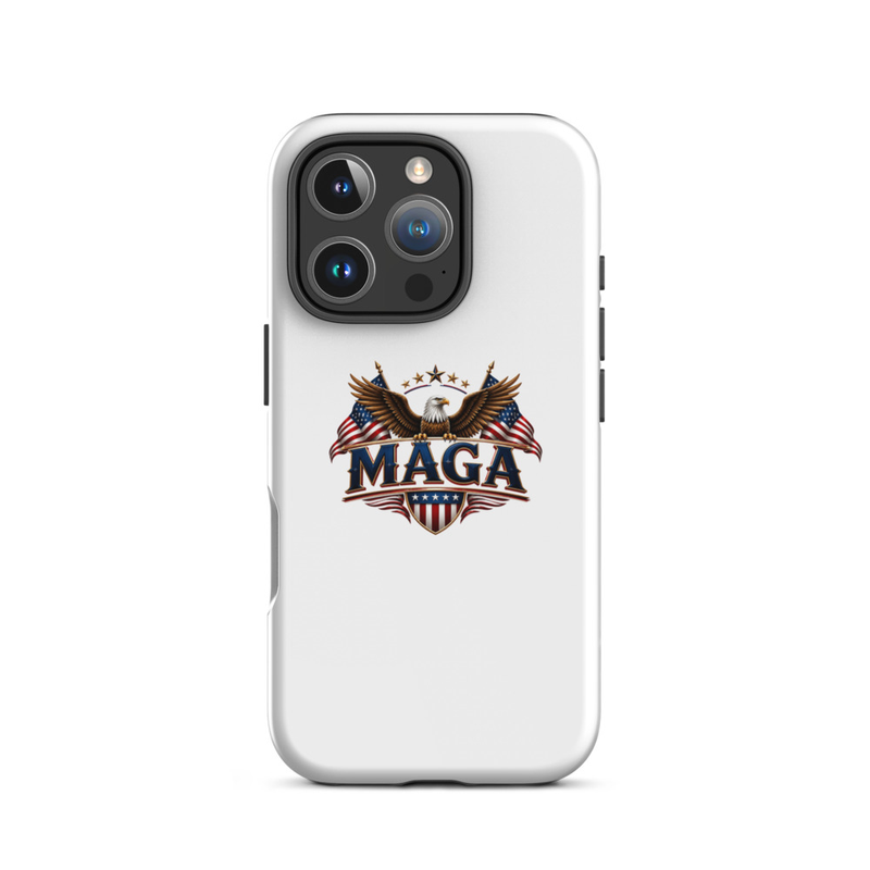 White MAGA eagle tough case for iPhone Pro, triple camera cutout