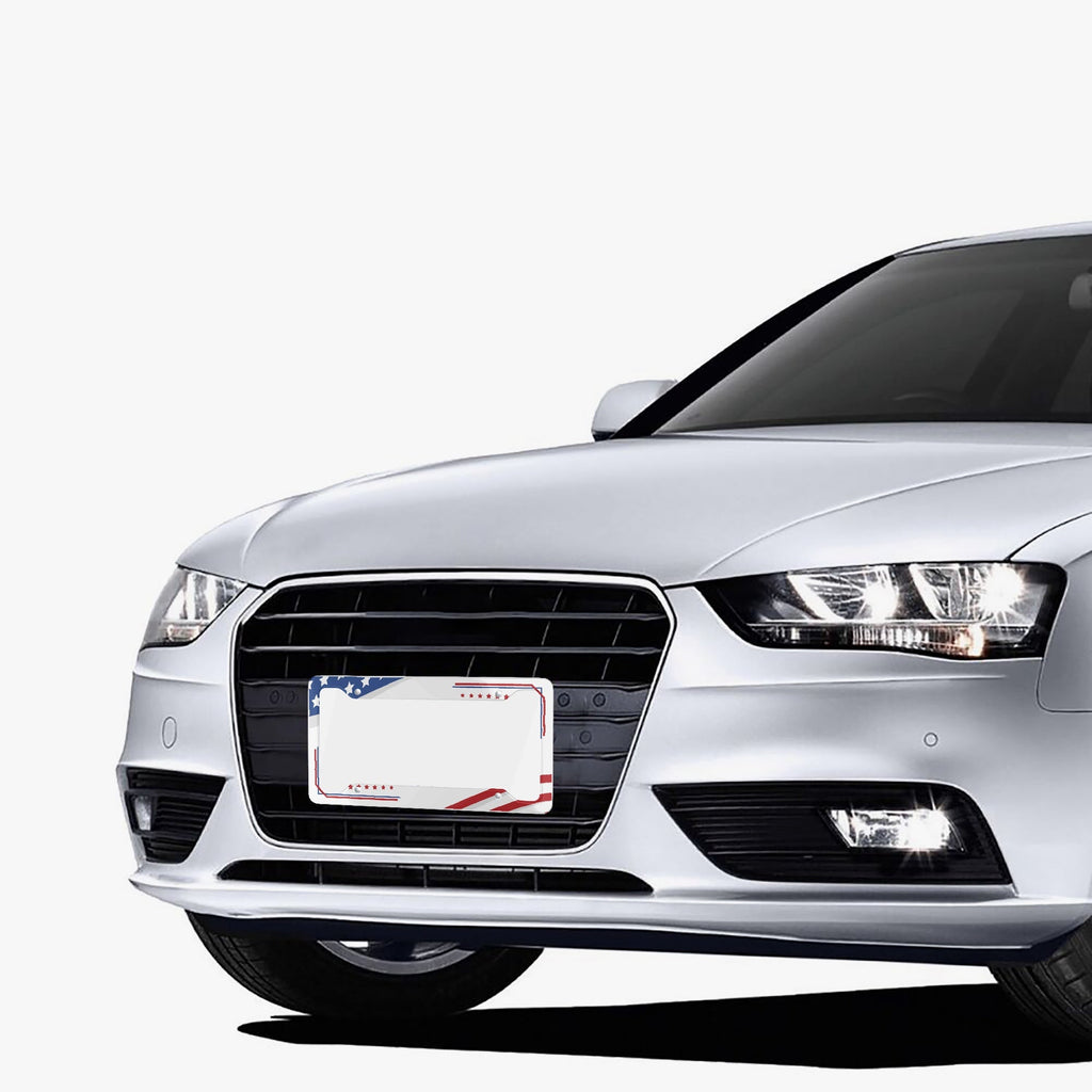 USA flag Love USA license plate frame mounted on front of a white car