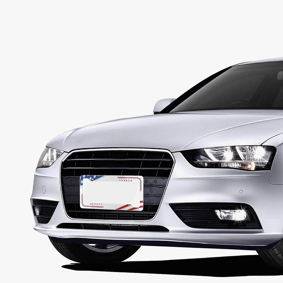 USA flag Love USA license plate frame mounted on front of a white car