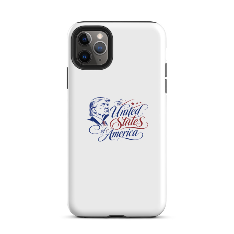 White tough iPhone case with Trump 'The United States of America' design, triple-camera cutout