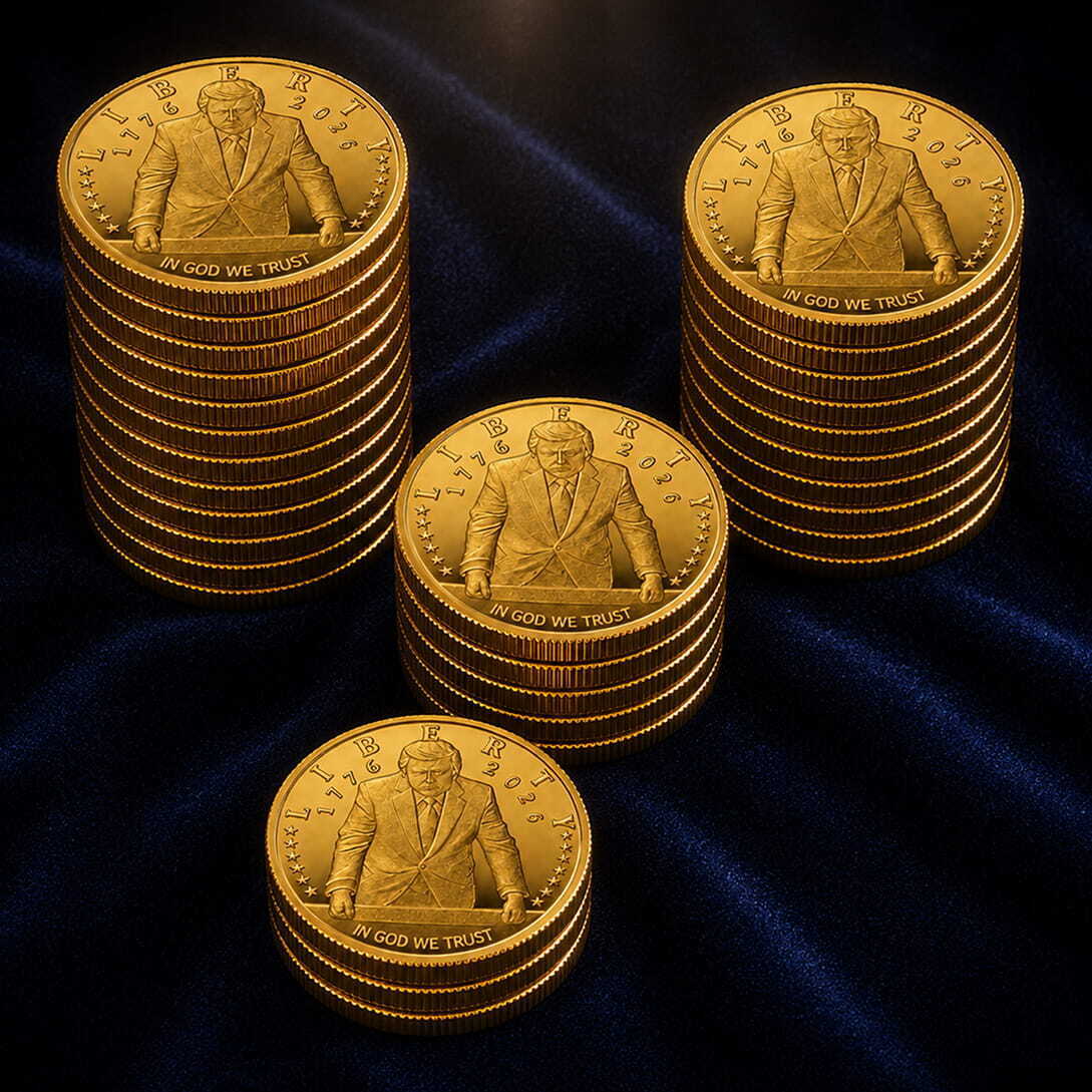 Tall stacks of gold Trump 2026 coins on blue velvet showing Liberty standing Trump design