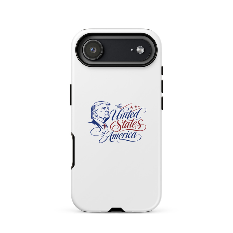 White tough iPhone case with Trump 'The United States of America' design, horizontal triple-camera cutout