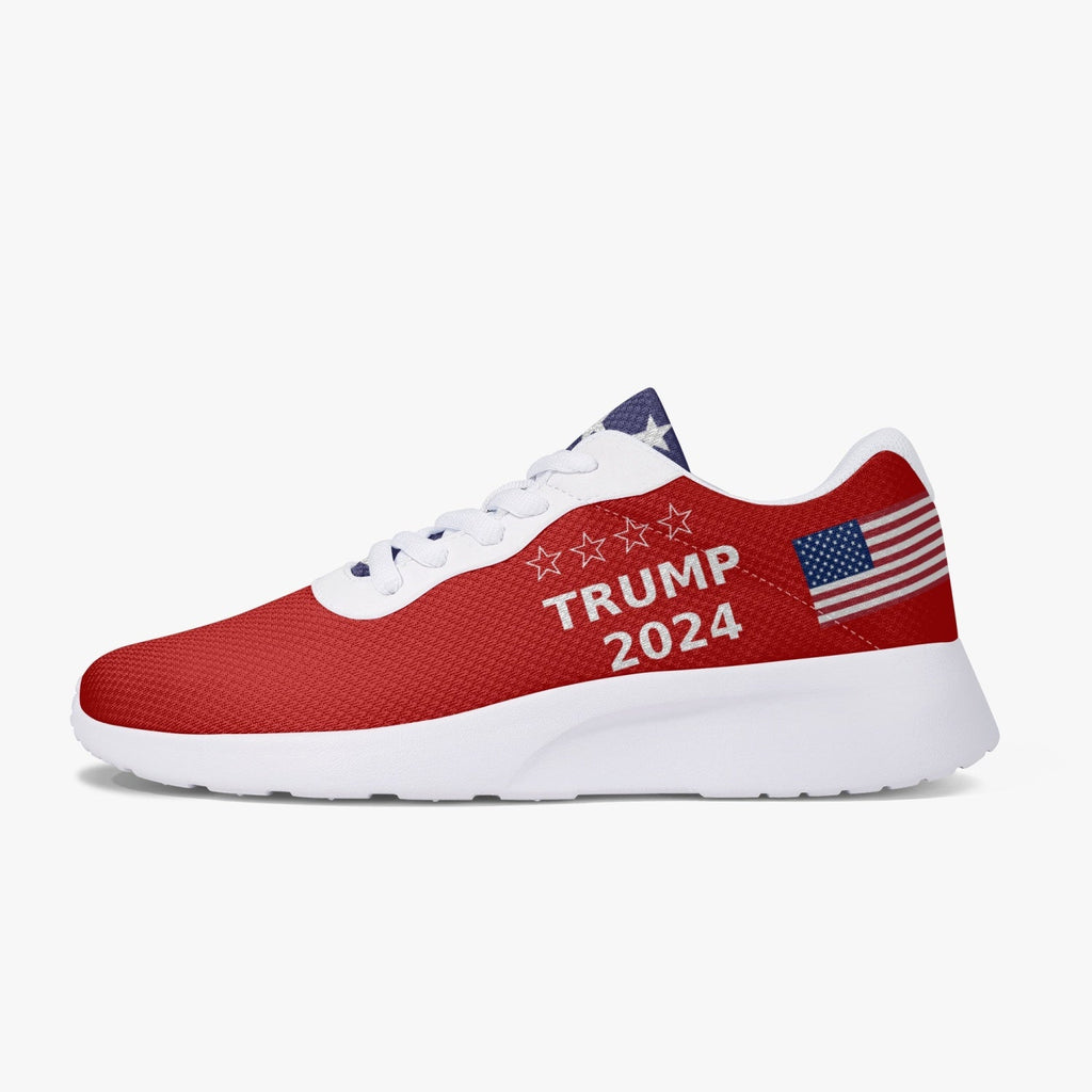 Red Trump Victory sneaker 47, outer side view with white '45' and stars, white sole