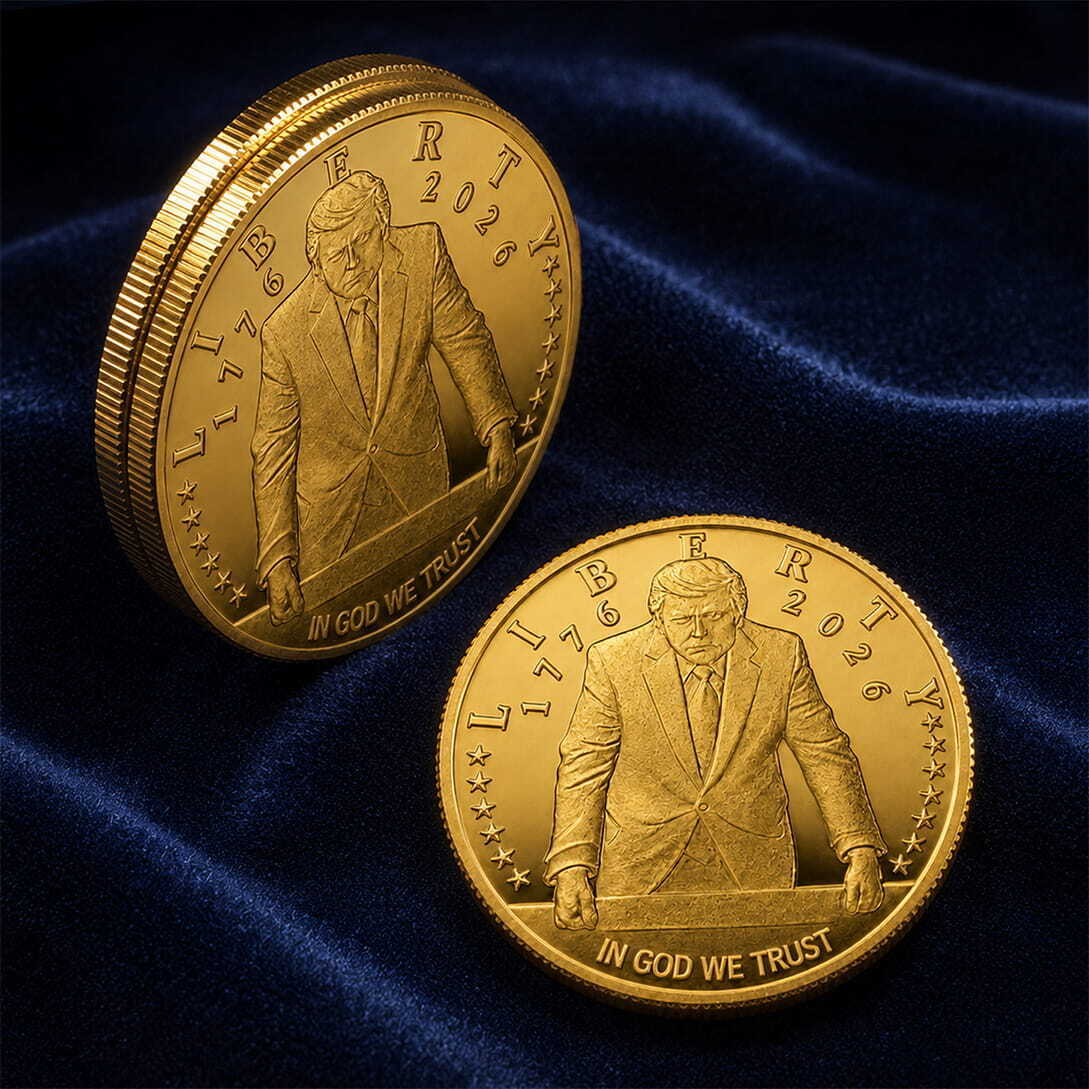 Two gold Trump 2026 coins on blue velvet showing Liberty design and In God We Trust