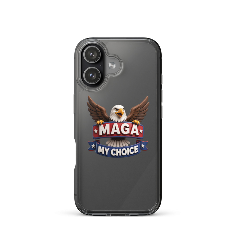 MAGA My Choice clear iPhone case with bald eagle design on a black iPhone