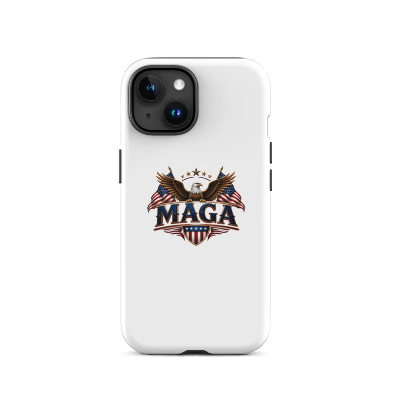 White MAGA eagle tough case for iPhone, dual camera cutout