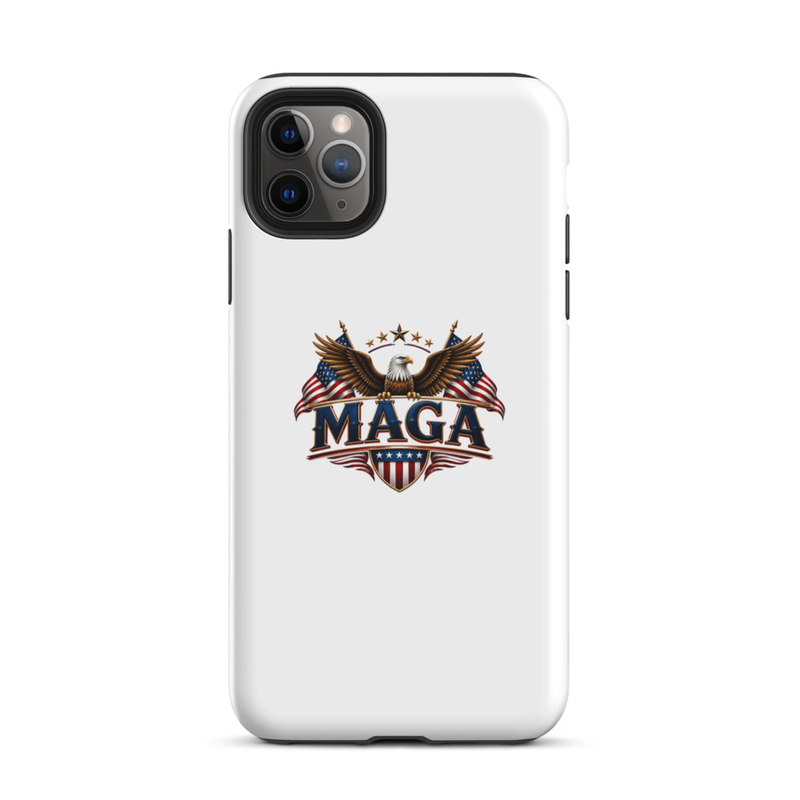 White MAGA eagle tough case for iPhone Pro, triple camera cutout