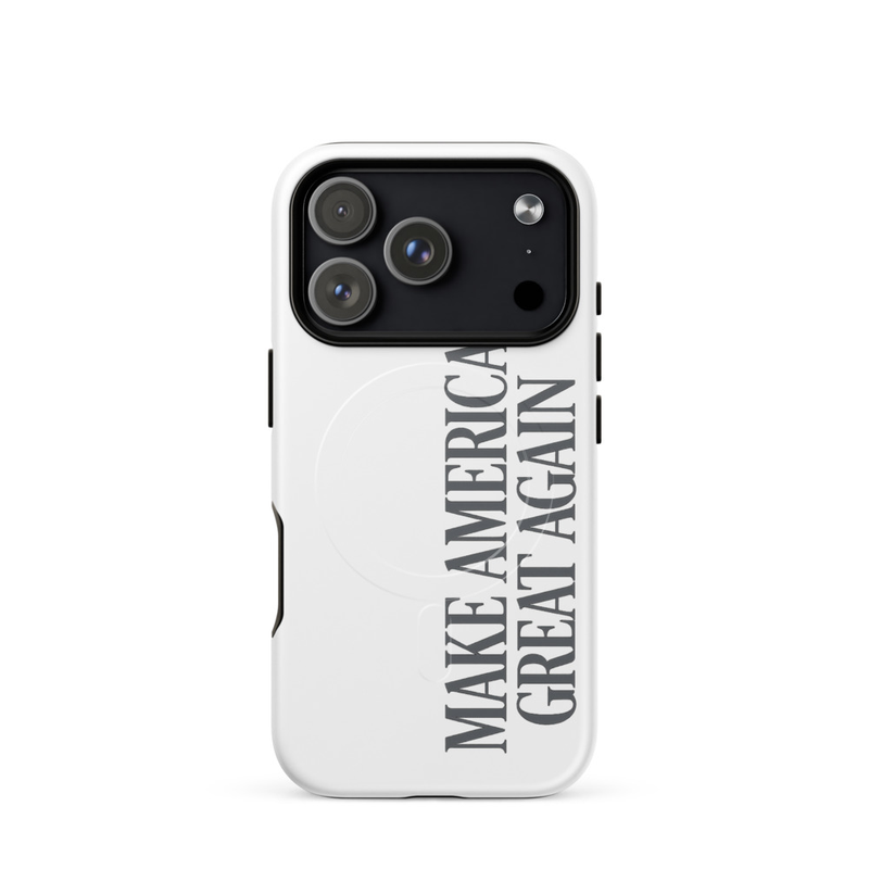Make America Great Again white MagSafe tough iPhone Pro Max case, gray text, large triple-camera cutout